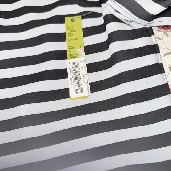 NWT Gianni Bini Black Ivory Striped Dress Bell Sleeve Lined Shift Women's L - Picture 7 of 13